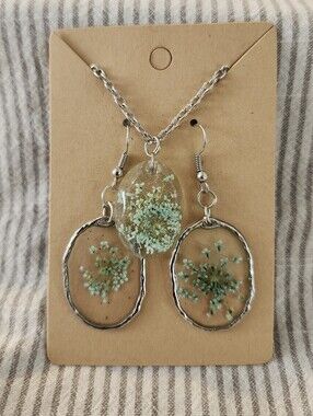 Handcrafted Pressed Flower In Resin Necklace & Earrings Set